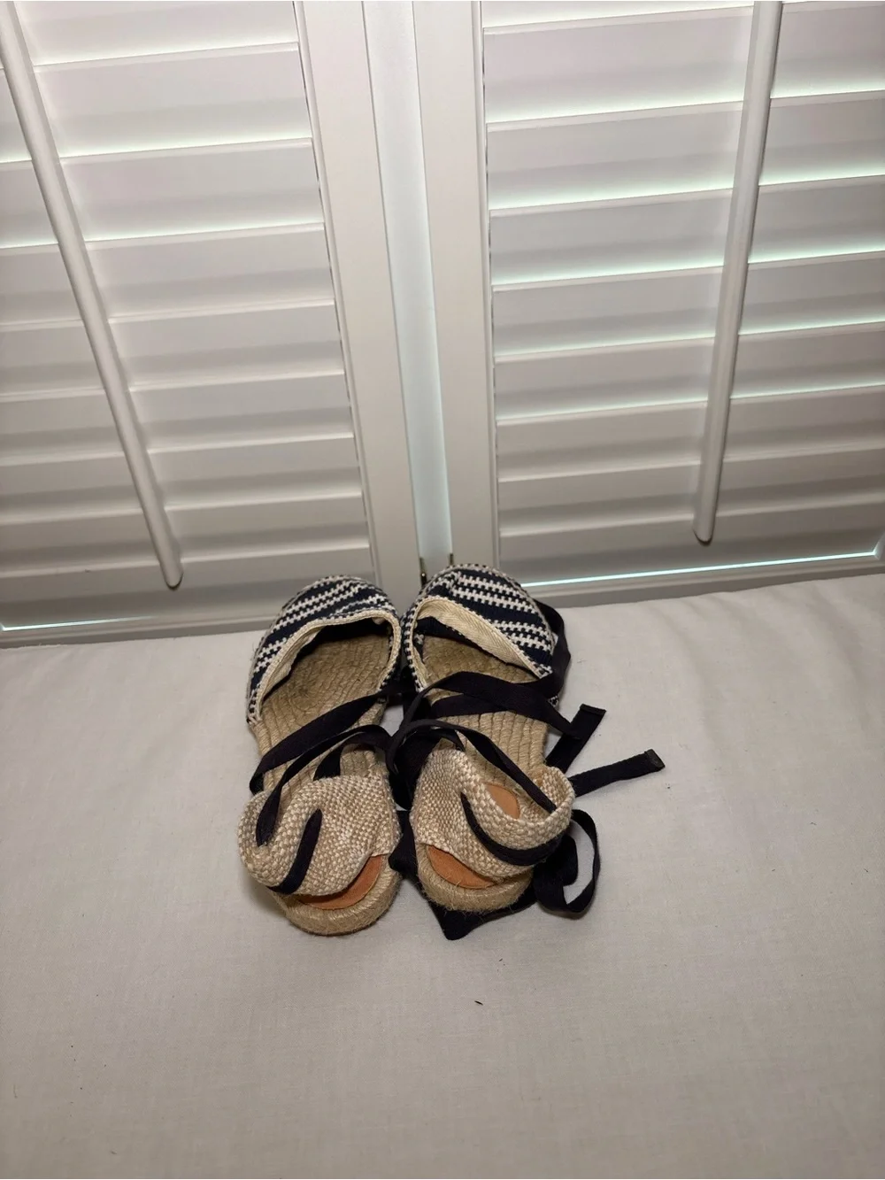 Castaner Woven Espadrille Flats with Navy Stripes and Ankle Ties